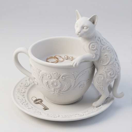 catのポットvintage 置物陶器 子猫ティーカップ小物入れアクセサリー入れ 猫（オシキャット）のアクセサリートレイ 小物入れ マットホワイト