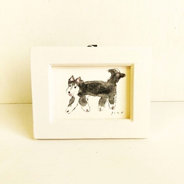 ミニ原画・ドローイング】「しっぽぶんぶん」※木製ミニ額縁入り 犬の絵
