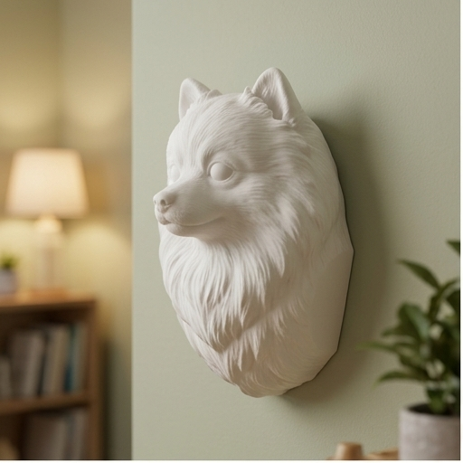 犬（ポメラニアン）の壁掛けレリーフ 3Dプリント 白PLA インテリア