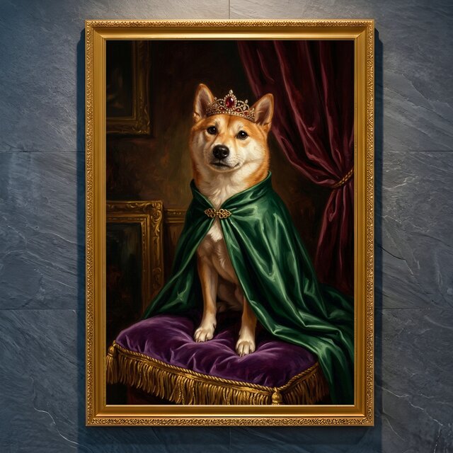 犬（柴犬）のルネサンス風肖像画 油絵風アートA4金縁額装インテリア
