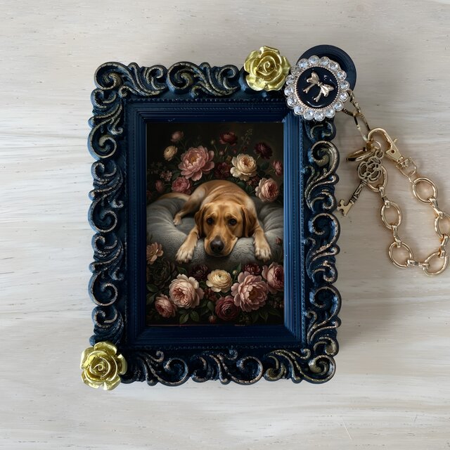 犬（ラブラドールレトリバー）バッグチャーム 花の油絵風アート