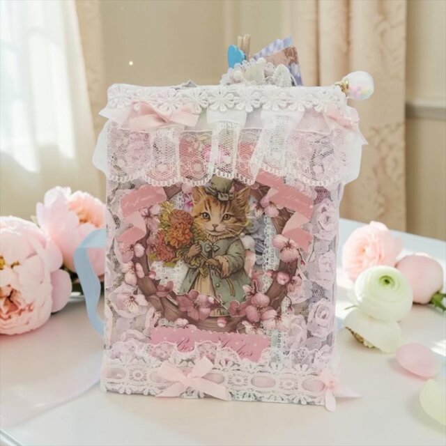 猫♡おすそ分けファイル♡コラージュ♡BOOKタイプ♡がま口ポーチ付き