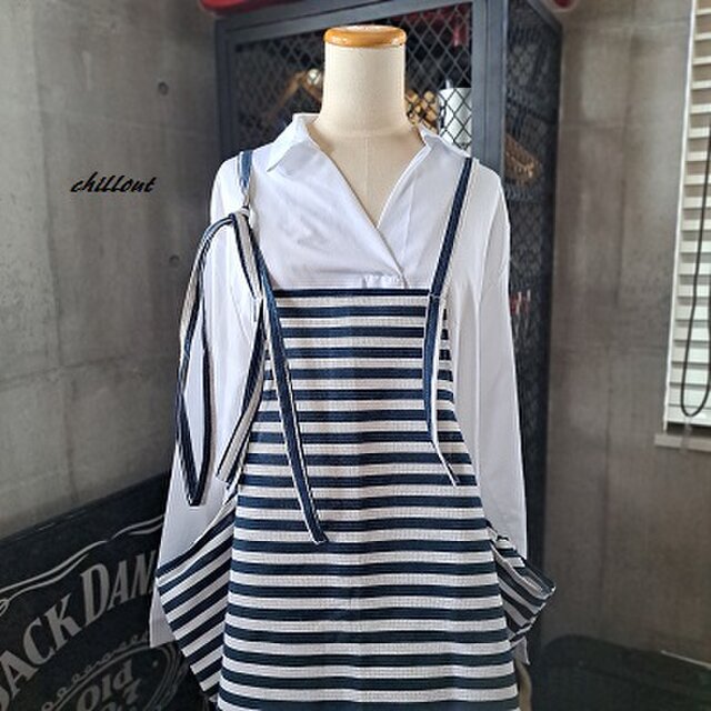 SALE【背中がかわいい】エプロンドレス：リネン：ネイビーストライプ