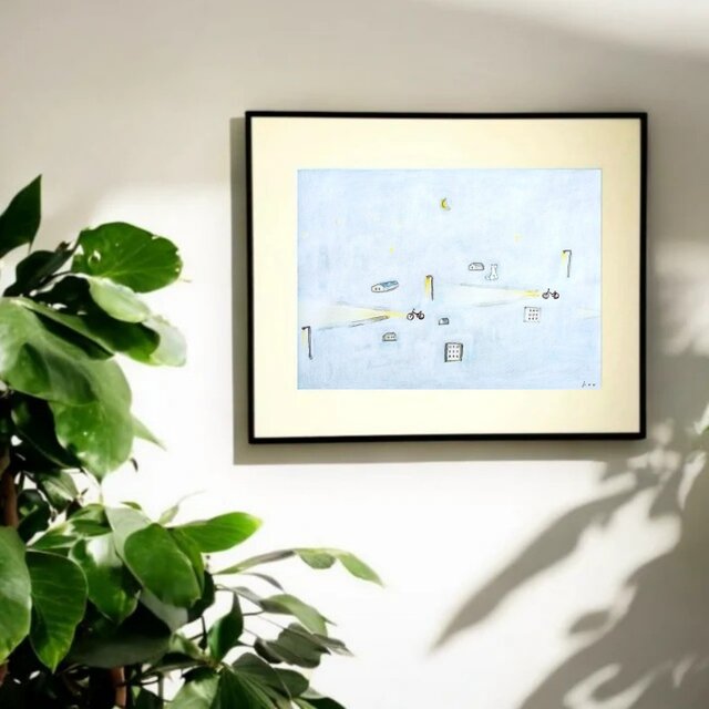 原画・額入り】「遠吠えの夜」（四つ切りサイズ）一点物・手描き