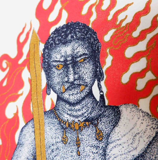 不動明王像、シルク 仏師手書き、表装なし、 不動明王 手刷りTシャツ｜仏教美術・炎・梵字・シルクスクリーン｜白 S