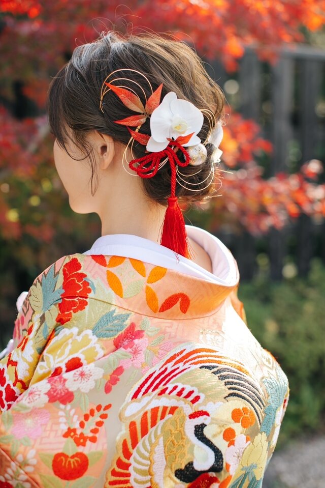髪飾り 胡蝶蘭と紅南天の髪かざり 成人式 卒業式 結婚式 振袖 着物
