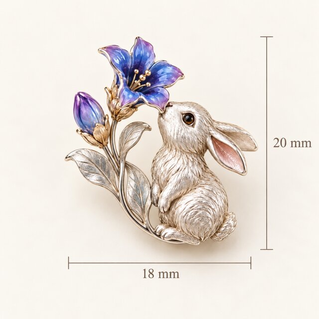 リンドウの花を嗅ぐうさぎのミニピンブローチ｜青紫の七宝焼と銀色の