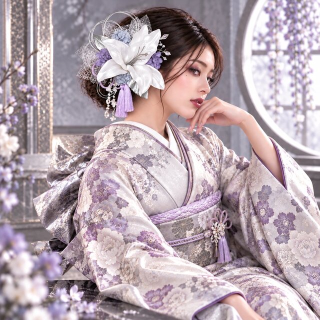 成人式 髪飾り 白銀のユリと淡紫の花雫｜振袖 和装 卒業式 No.SL37