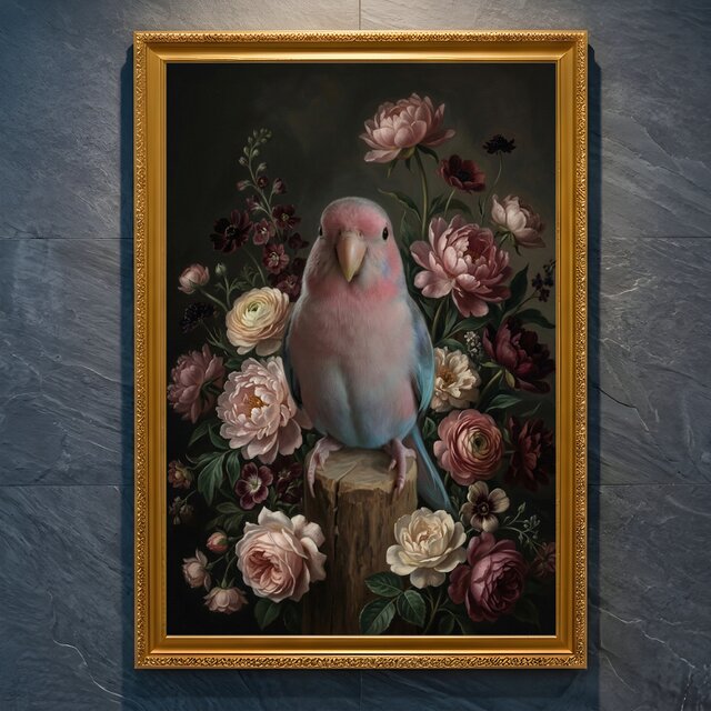 インコ（アキクサインコ）の花に囲まれた油絵風アート A4金縁額装