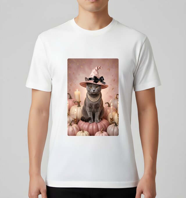 猫（シャルトリュー）半袖Tシャツ ハロウィン限定 ホワイト 男女兼用