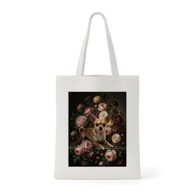 犬（チワワ）トートバッグ 花の油絵風アート キャンバス地 | iichi