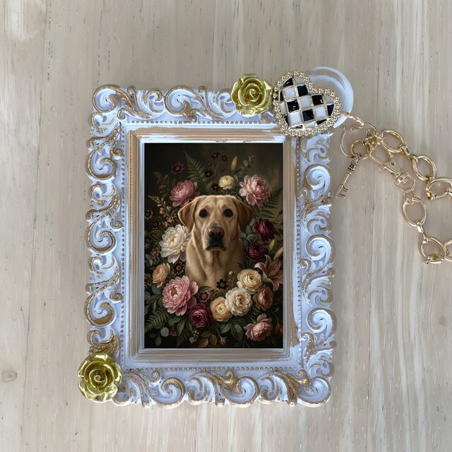 犬（ラブラドールレトリバー）バッグチャーム 花の油絵風アート