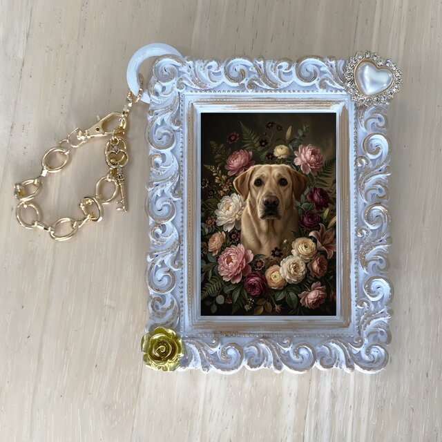 犬（ラブラドールレトリバー）バッグチャーム 花の油絵風アート