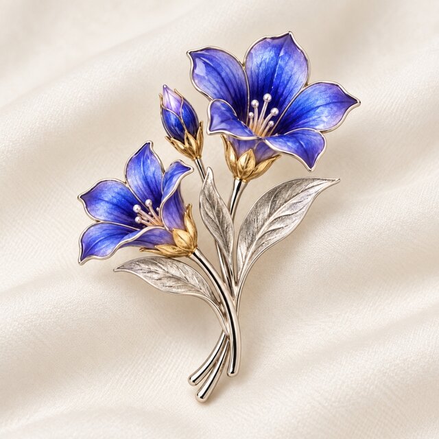 リンドウの花束ブローチ｜青紫の七宝焼とシルバーの上品な輝き | iichi
