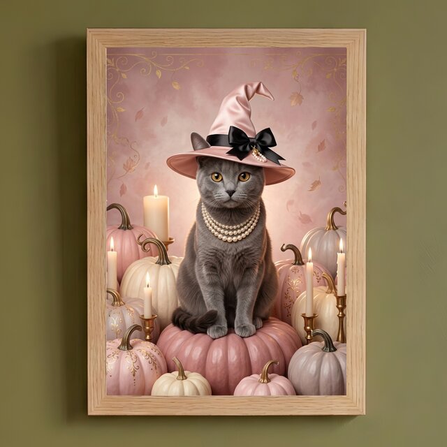 猫（シャルトリュー）のハロウィン限定アート A4額装インテリア壁掛け