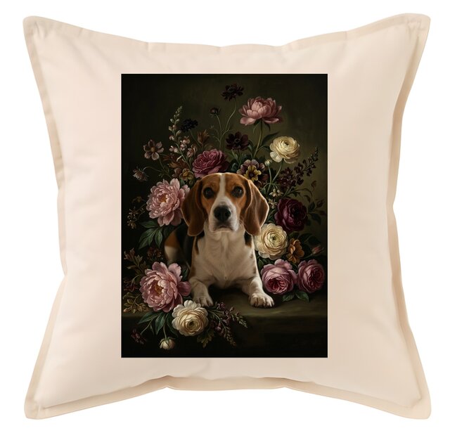 犬（ビーグル）クッション 45cm 花の油絵風カラーアート | iichi 日々