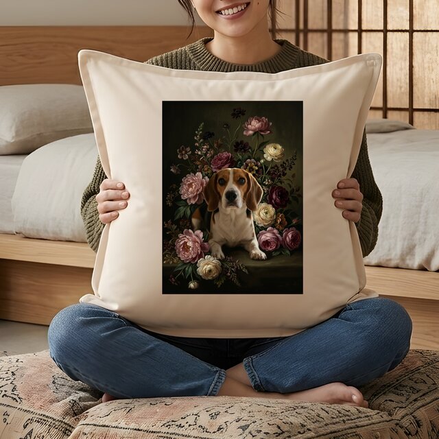 犬（ビーグル）クッション 45cm 花の油絵風カラーアート | iichi 日々