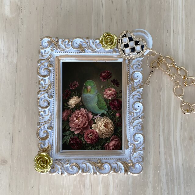 インコ（サザナミインコ）バッグチャーム 花の油絵風アート ホワイト