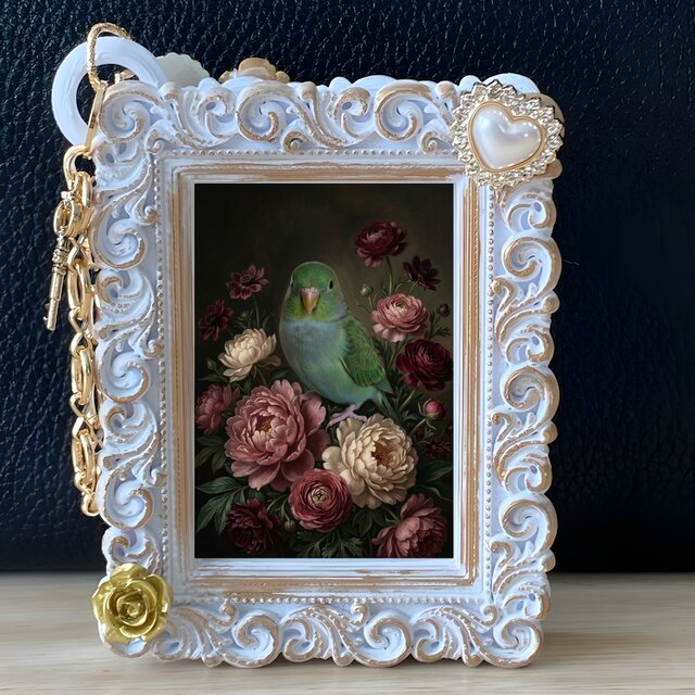 インコ（サザナミインコ）バッグチャーム 花の油絵風アート ホワイト