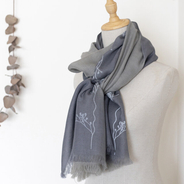 草木染めウールショール｜Botanical Line｜Light Gray × Blue Gray
