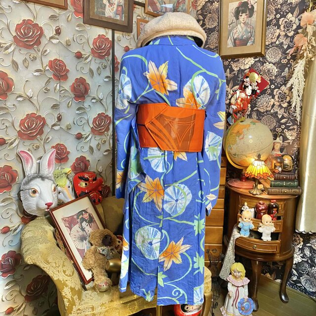 浴衣リメイク ミニミディワンピース 綿100％ 帯ベルト 青藍 楓と絞り花