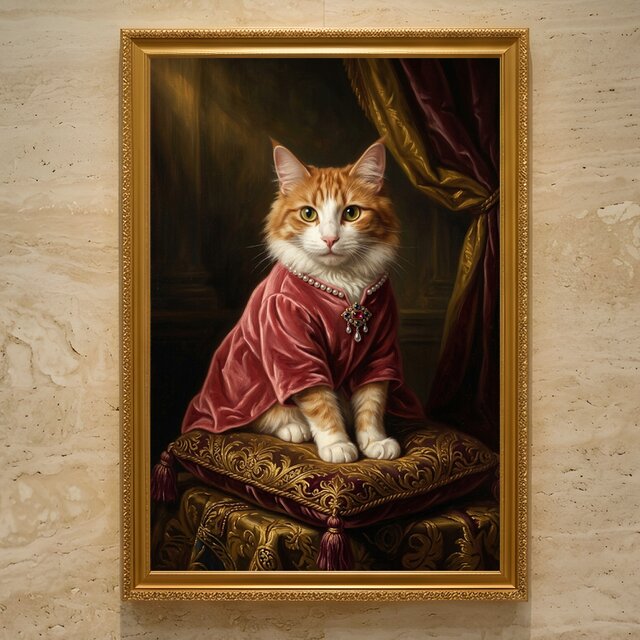 猫（メインクーン）のルネサンス風肖像画 油絵風アートA3額装