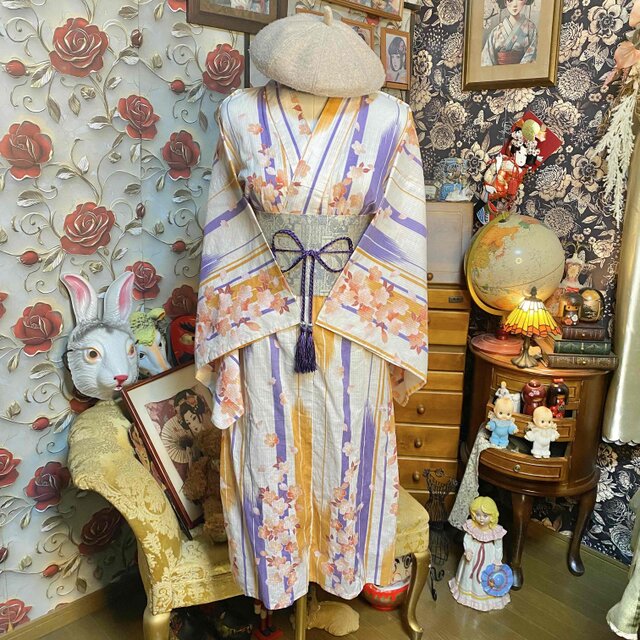浴衣リメイク ロングワンピース 帯ベルト 綿100％ 桜と紫橙縞 和洋折衷