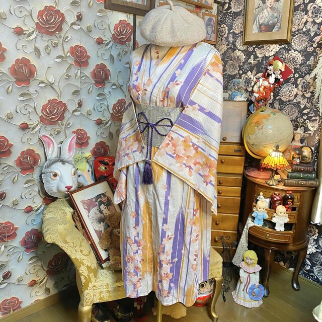 浴衣リメイク ロングワンピース 帯ベルト 綿100％ 桜と紫橙縞 和洋折衷