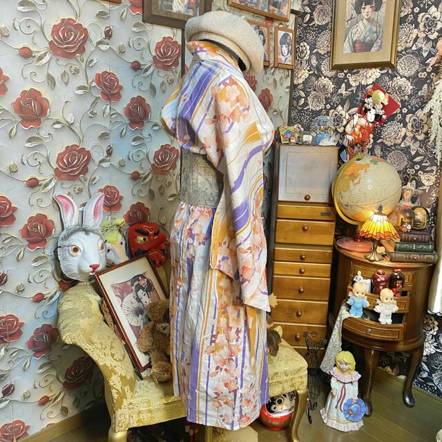 浴衣リメイク ロングワンピース 帯ベルト 綿100％ 桜と紫橙縞 和洋折衷