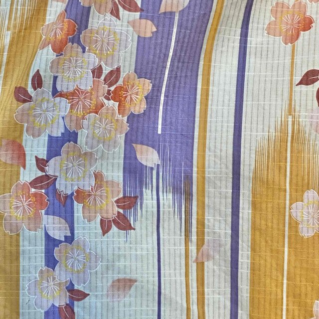 浴衣リメイク ロングワンピース 帯ベルト 綿100％ 桜と紫橙縞 和洋折衷