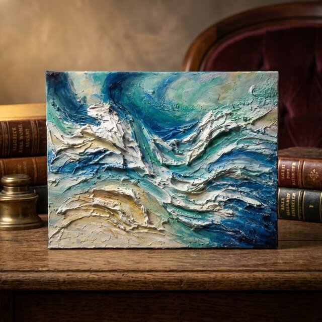絵画 油絵 値下げしました！ 潮騒のテクスチャー】油絵 抽象画 F0号 海のインテリア ミニ絵画