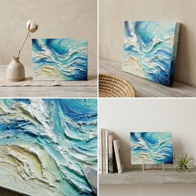 潮騒のテクスチャー】油絵 抽象画 F0号 海のインテリア ミニ絵画