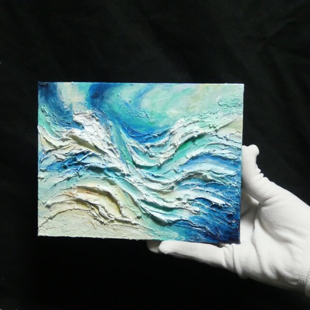 潮騒のテクスチャー】油絵 抽象画 F0号 海のインテリア ミニ絵画
