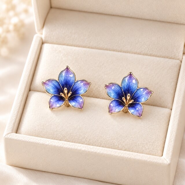 凛と咲くリンドウの花ピアス｜青紫グラデーションの七宝焼ジュエリー