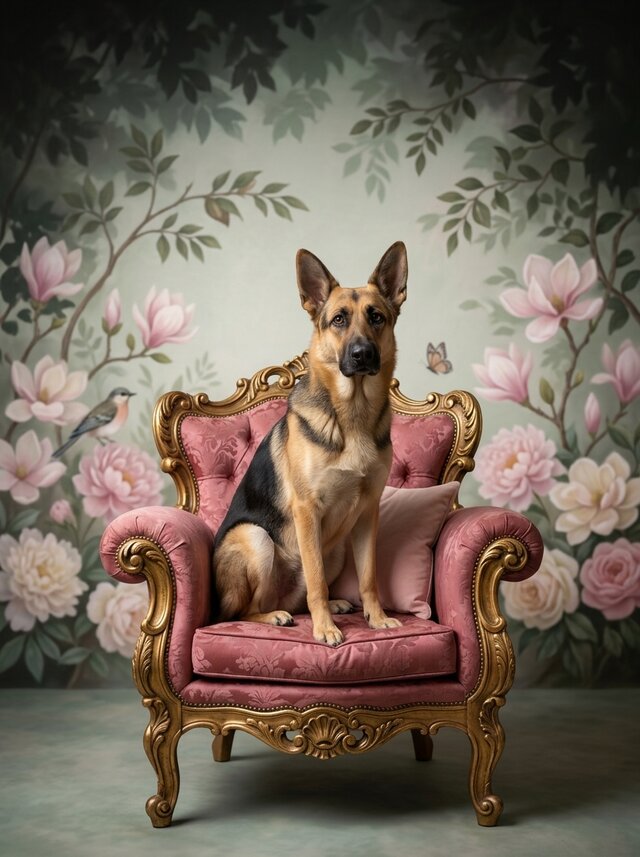 犬（ジャーマンシェパード）のロココ調アート A4額装インテリア壁掛け
