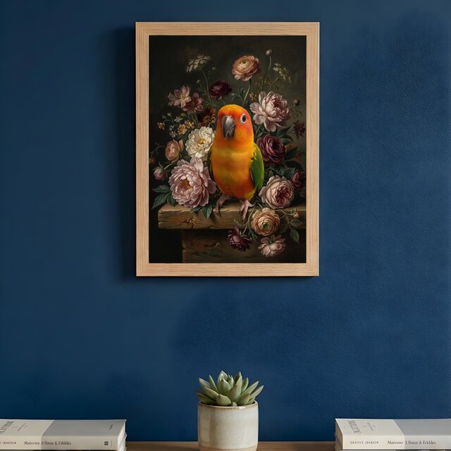 インコ（コガネメキシコインコ）の花の油絵風アート A4額装インテリア