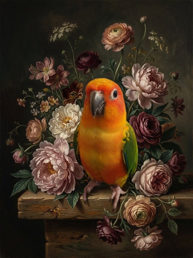 絵画、額入り、ハンドメイド、メキシコ インコ（コガネメキシコインコ）の花の油絵風アート A4額装インテリア