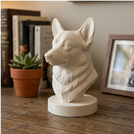 犬（コーギー）の3Dプリント胸像 白PLA 彫刻 置物 インテリア | iichi