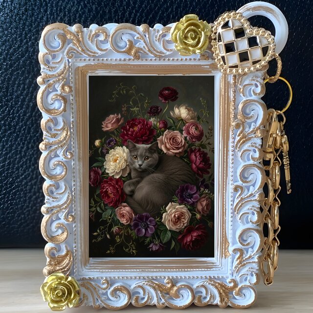 猫（ブリティッシュショートヘア）バッグチャーム 花の油絵風アート