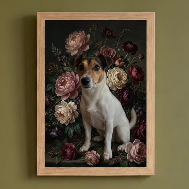 犬（ジャックラッセルテリア）の花に囲まれた油絵風アート A4額装