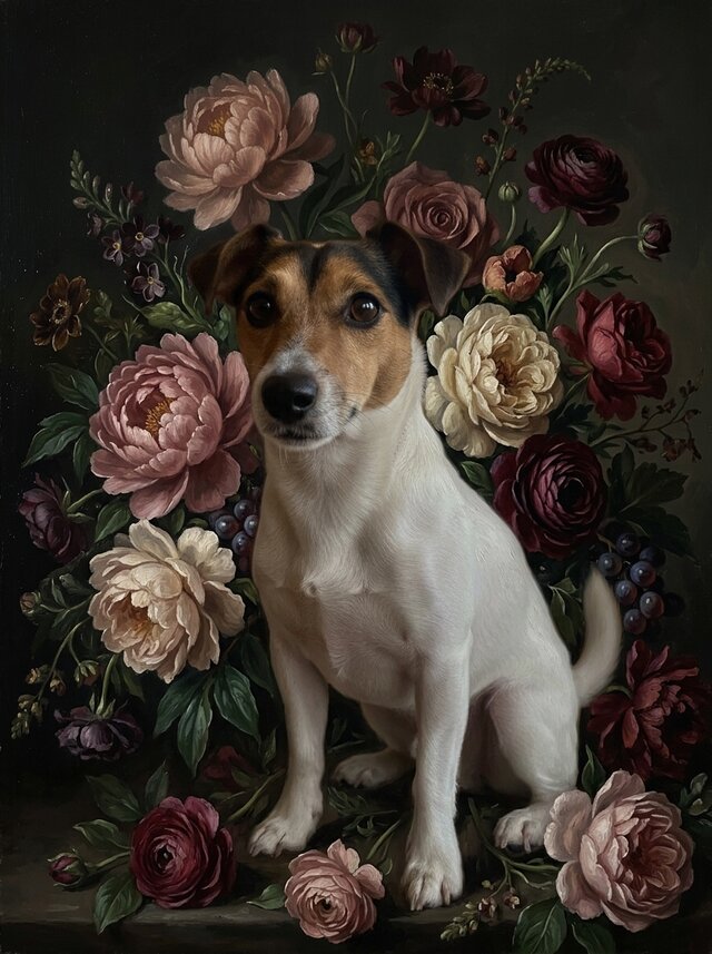 ジャックラッセルテリア　額付き　コレクション　芸術　アンティーク 犬（ジャックラッセルテリア）の花に囲まれた油絵風アート A4額装
