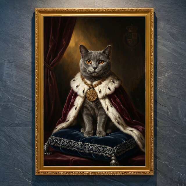 猫（シャルトリュー）のルネサンス風肖像画 A4金縁額装インテリア