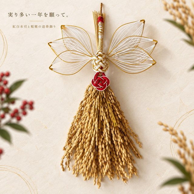 特大鶴水引と天然稲穂の正月飾り｜紅白 金 迎春飾り 和モダン 2027 No