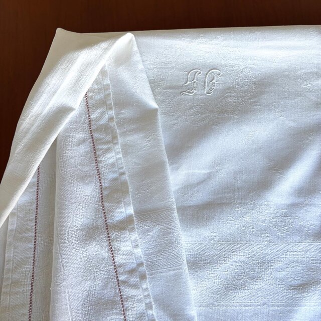 テーブルクロス モノグラム刺繍 白糸刺繍 フランスリネン 12clej8