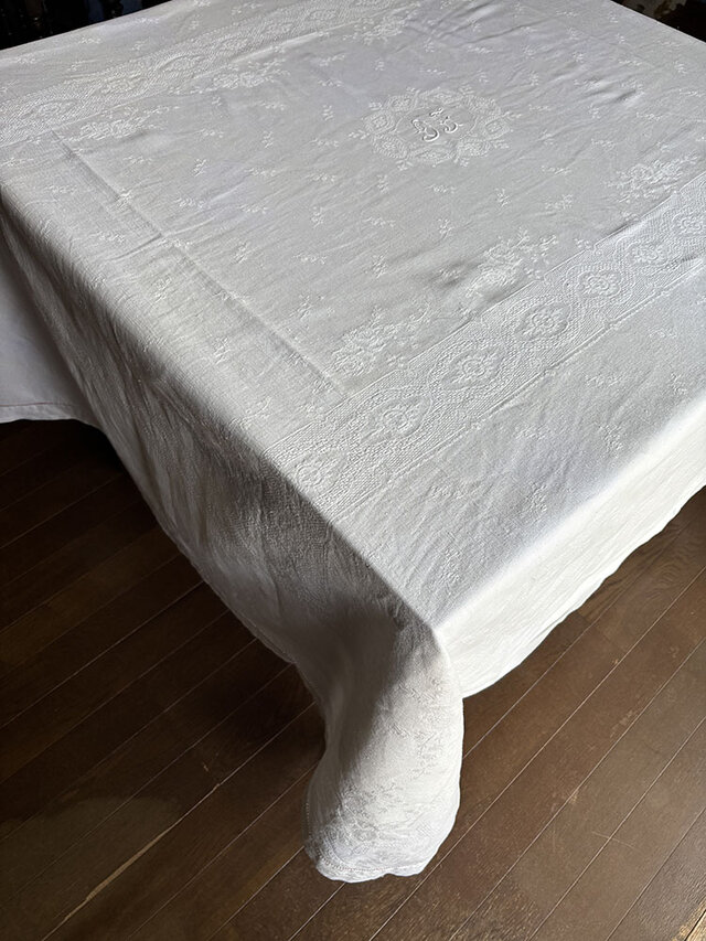テーブルクロス モノグラム刺繍 白糸刺繍 フランスリネン 12clej8