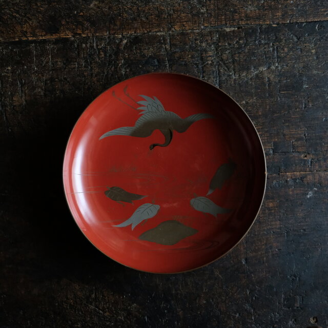 鶴と亀◇味のあるお品物。古輪島塗 漆芸蒔絵盃 中皿 漆器 骨董/antique