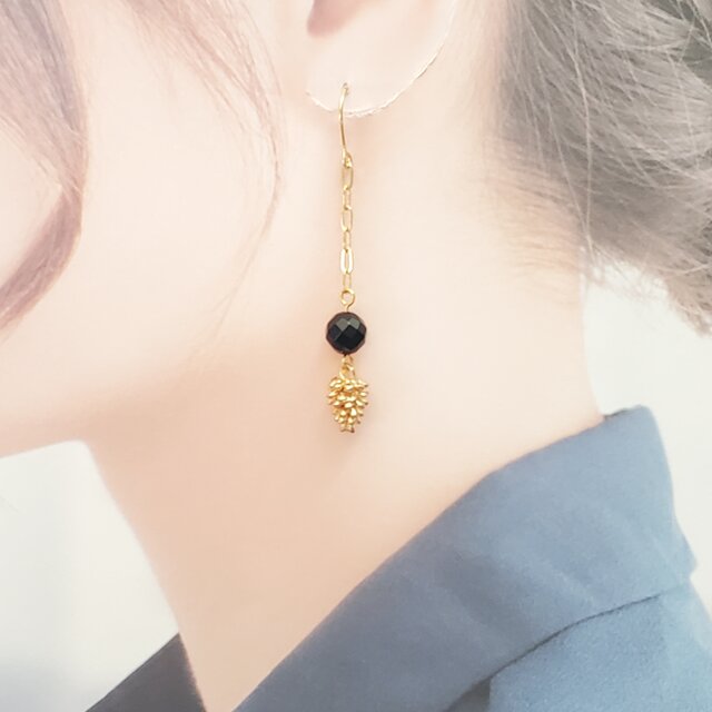 天然石＊オニキス×松ぼっくり＊ピアス＊パワーストーンピアス