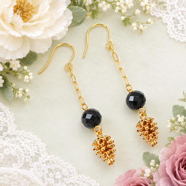 天然石＊オニキス×松ぼっくり＊ピアス＊パワーストーンピアス