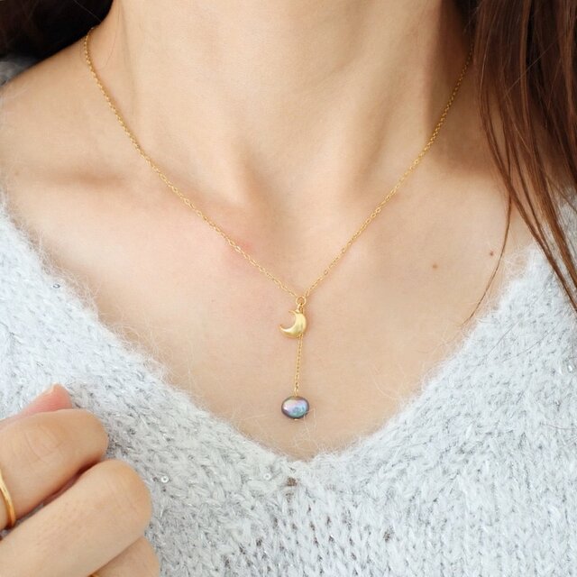 三日月モチーフ パール ネックレス Luna ールナ・パールセット】ピーコックパール×三日月ネックレス