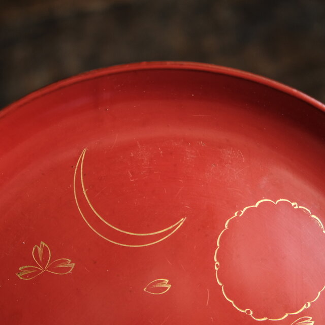 草花と月◇古輪島塗 花月文漆芸沈金中皿 古漆器 骨董/antiques 古民家